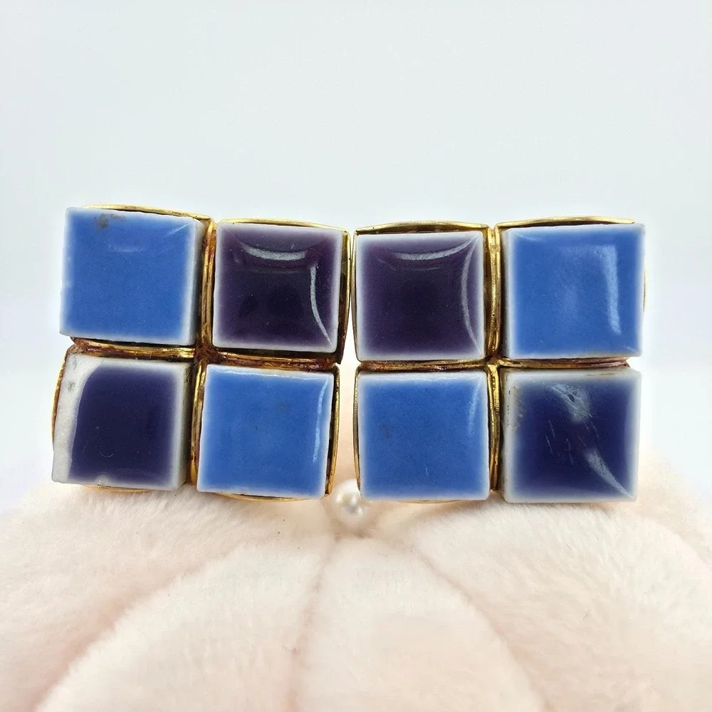 Vintage Ceramic Cufflinks Mid-Century Modern Purple Blue Enamel Tiles Gold Plate